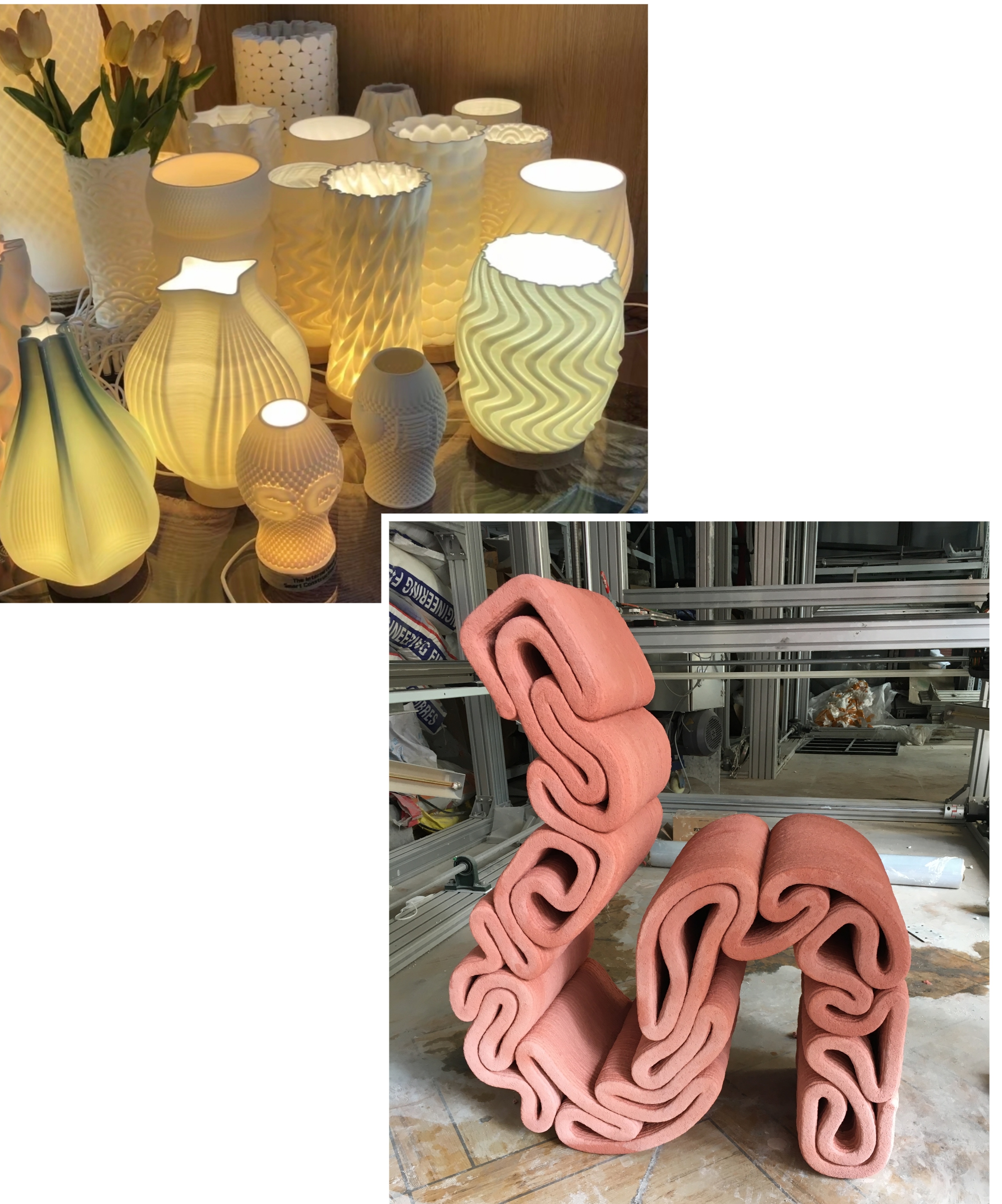 Ceramic lamps and concrete furniture created by 3D printers