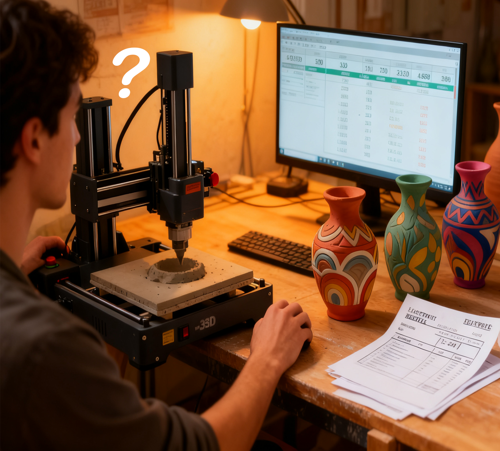 Person researching 3D printer purchase with vases on desk