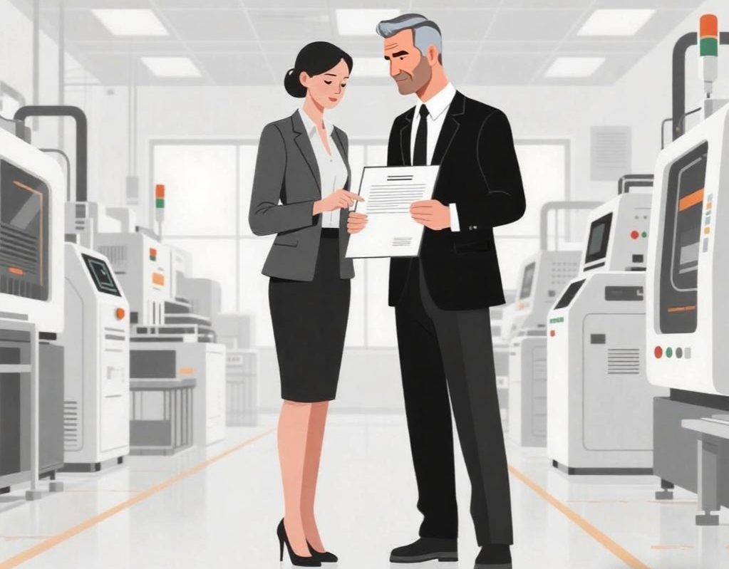 Engineer and client reviewing custom printer contract